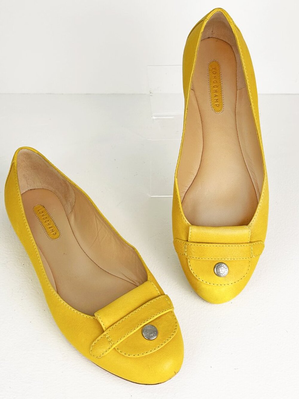 Longchamp Yellow Leather Ballet Flats Silver Snap Made in Italy